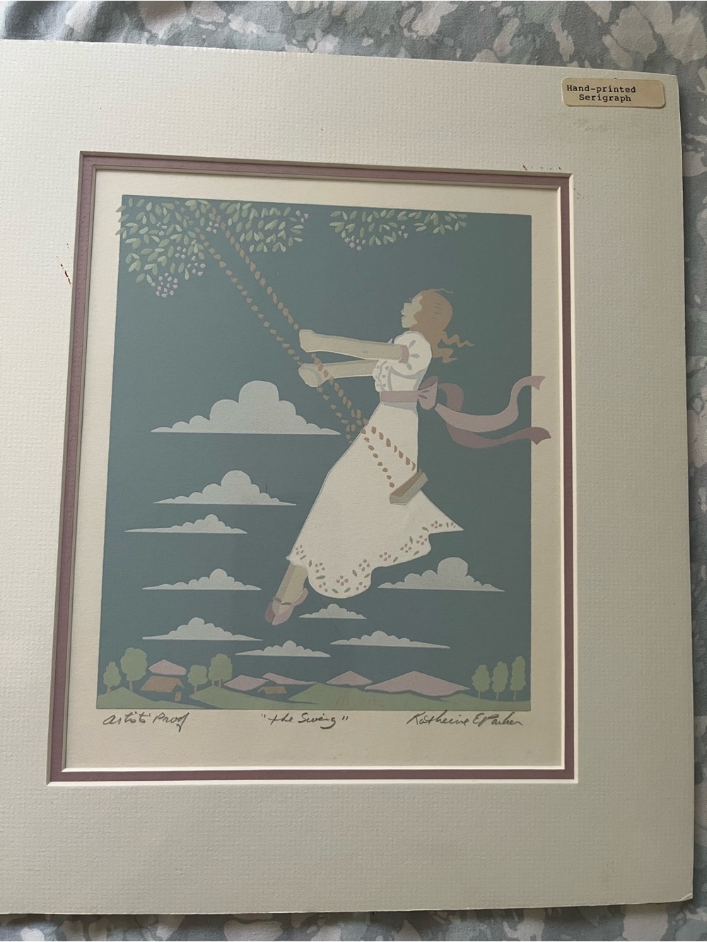 Hand-Printed Serigraph 'The Swing' - Teal & Pink Home Art Print